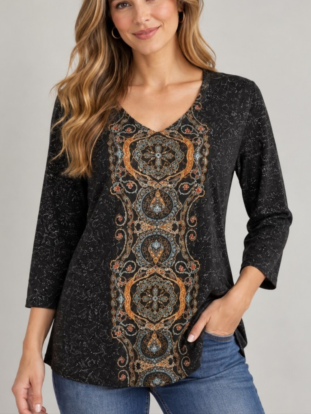 LAURA SCOTT Gray Geometric Tribal Mandala Pattern V-Neck Blouse